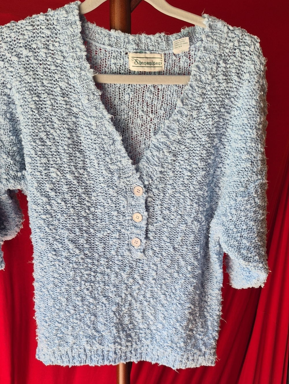 Vintage Shenanigans Light Blue V-Neck Button-Front Sweater Size M